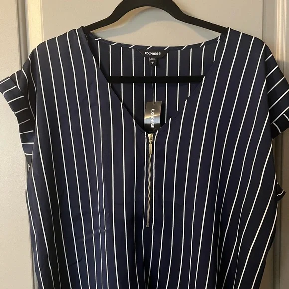 Navy and White Pin Striped Express Blouse, size L - Picture 2 of 4